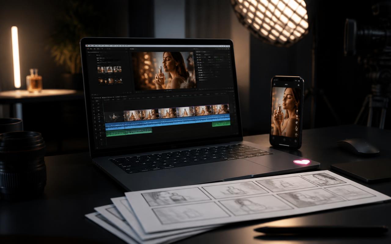 Ad Video Generator Agent: Build Video Ads With Lovable video ad production console with storyboard frames, timeline and voiceover track — Lovable, Ad video agent that turns a product brief into a ready commercial
