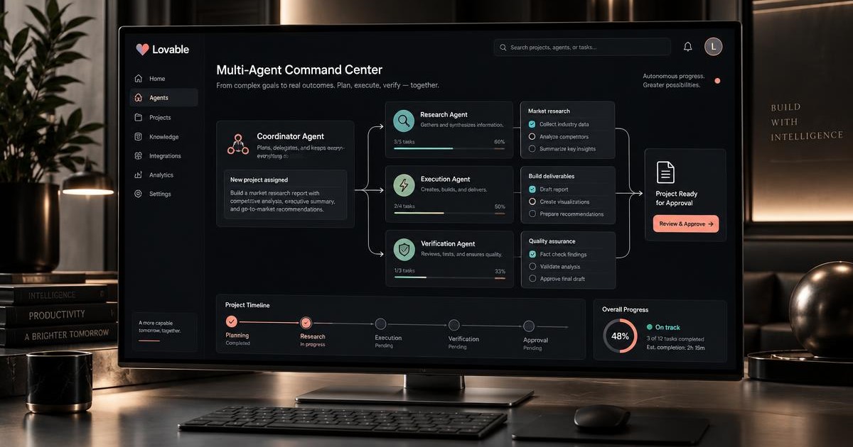 multi-agent command center with coordinator, research, execution and verification workflows, Lovable, Autonomous agent team with a coordinator, researcher and reviewer