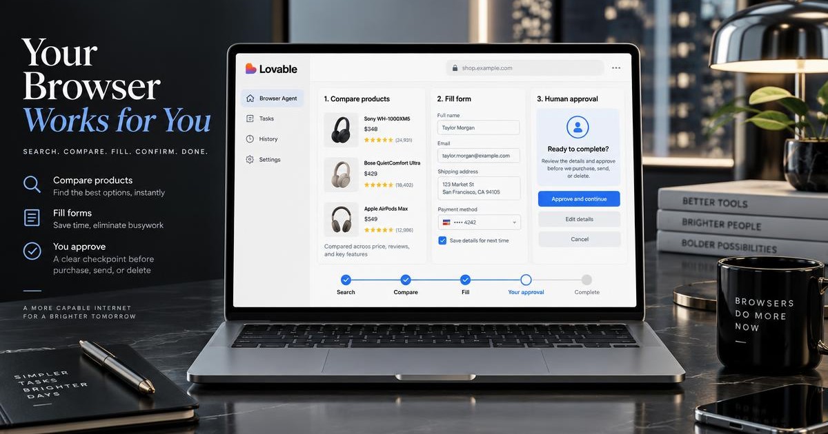browser automation workspace with product comparison, form filling and a human approval checkpoint, Lovable, Browser agent that uses websites but asks before critical actions