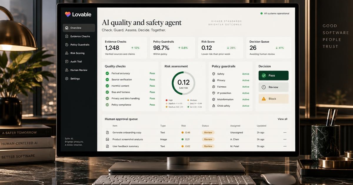 AI quality console with evidence checks, policy guardrails, risk scoring and human review queue, Lovable, AI quality and safety agent that checks every automated result