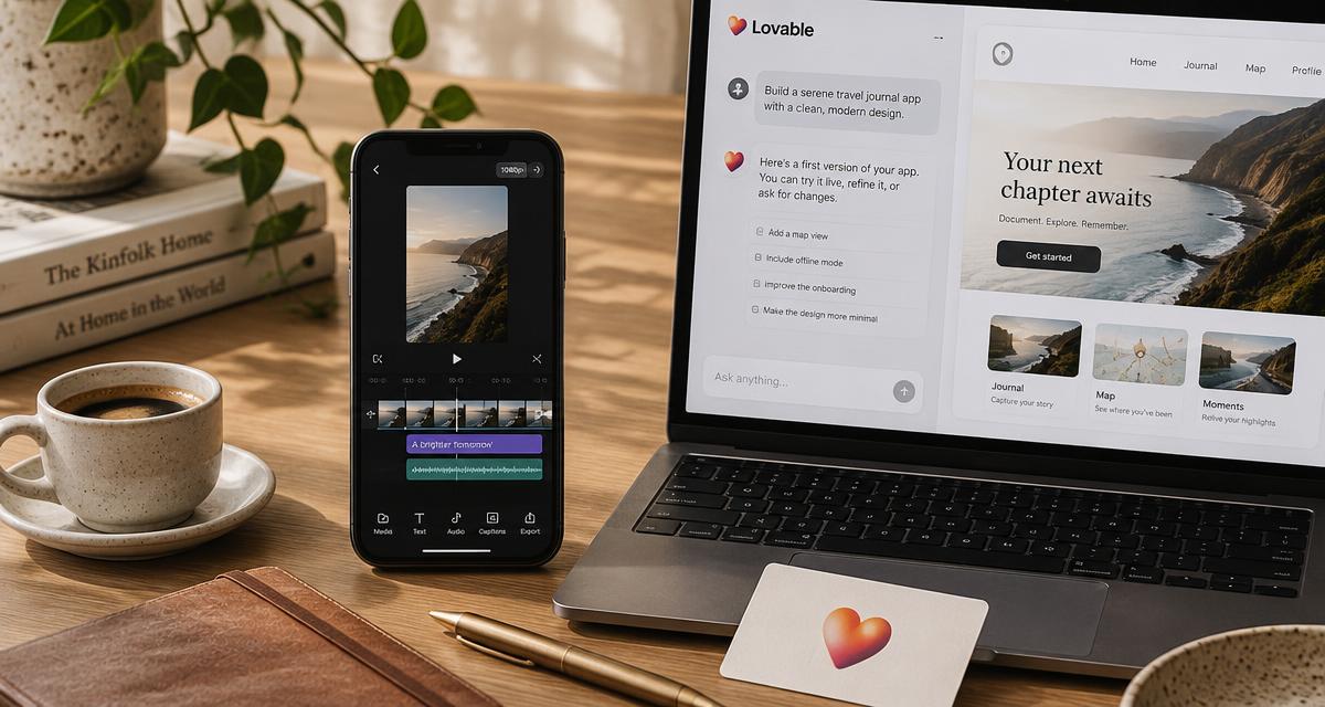 vertical video editing timeline on a phone next to the Lovable app builder interface, Lovable, Reels Production Agent: From Idea to Finished Vertical Video