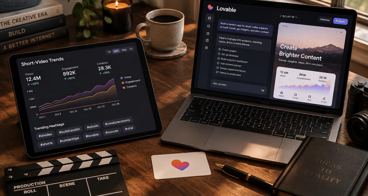 short-video trends dashboard with engagement charts and hashtag chips on a tablet, Lovable, Reels Trend Research Agent: What to Post This Week