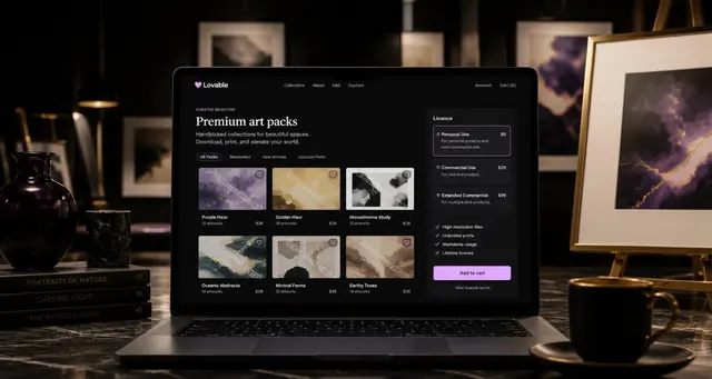 Playbook cover: Create and sell AI-generated artwork, such as images, music, videos — example app interface built with Lovable, Content Creation and Editing category