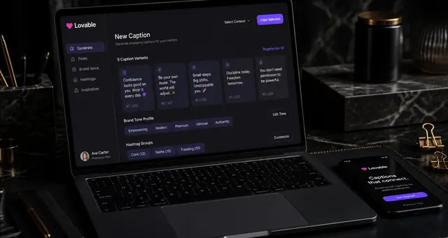 Playbook cover: Develop AI-enhanced writing tools for creating engaging social media captions and posts — example app interface built with Lovable, Content Creation and Editing category