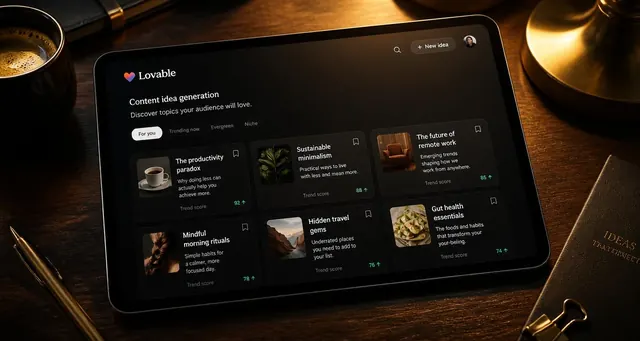 Playbook cover: Create AI-driven content idea generation and planning tools — example app interface built with Lovable, Content Creation and Editing category
