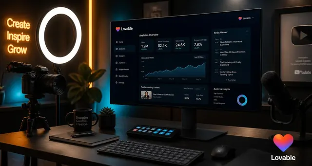Playbook cover: Become an AI-assisted content creator on YouTube, TikTok, Instagram, etc. — example app interface built with Lovable, Content Creation and Editing category