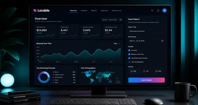 Playbook cover: Create AI-enhanced data visualization and reporting tools — example app interface built with Lovable, Data and Analytics Services category
