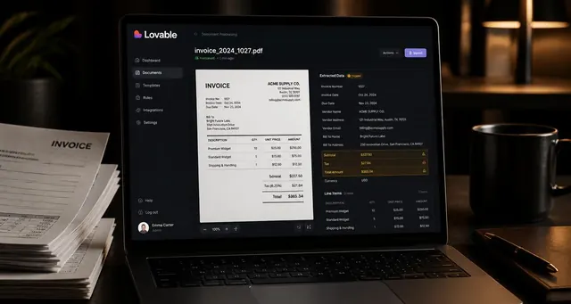 Playbook cover: Build AI-enhanced data entry and document processing automation tools — example app interface built with Lovable, Productivity and Project Management category
