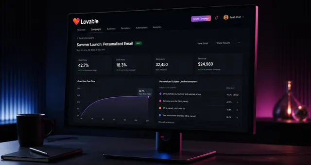 Playbook cover: Build AI-enhanced email marketing platforms with personalization and optimization — example app interface built with Lovable, Marketing and Advertising category