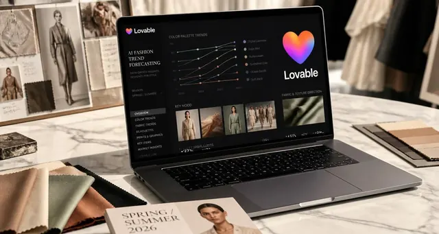 Playbook cover: Build AI-powered fashion trend forecasting and analysis tools — example app interface built with Lovable, Data and Analytics Services category