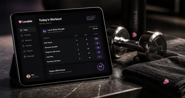 Playbook cover: Create AI-powered fitness and wellness apps with personalized coaching — example app interface built with Lovable, Health and Wellness category