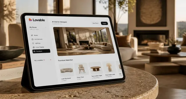 Playbook cover: Create AI-enhanced interior design and home decoration apps — example app interface built with Lovable, Customer Service and Virtual Assistance category