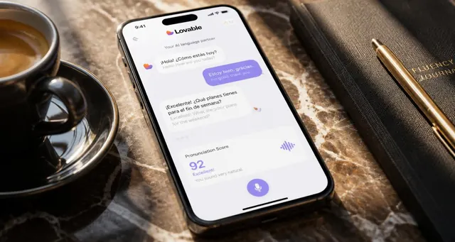 Playbook cover: Build AI-enhanced language learning chatbots for conversational practice — example app interface built with Lovable, Education and Training category
