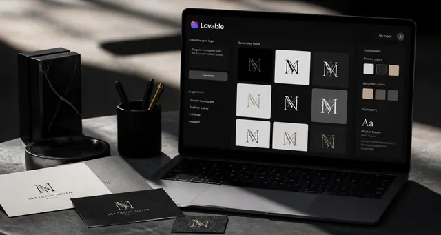 Playbook cover: Create AI-driven logo and graphic design generation tools — example app interface built with Lovable, Content Creation and Editing category