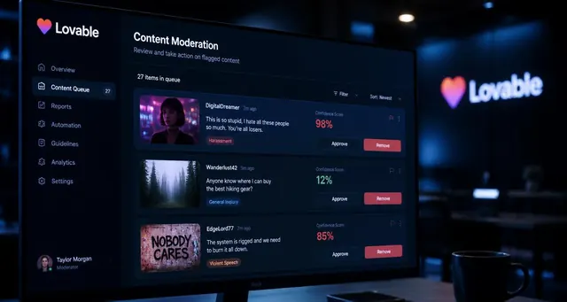 Playbook cover: Create AI-driven content moderation solutions for online platforms — example app interface built with Lovable, Content Creation and Editing category