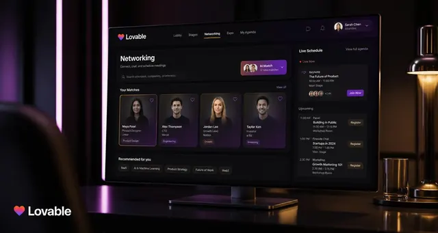 Playbook cover: Build AI-powered virtual event networking and matchmaking platforms — example app interface built with Lovable, Customer Service and Virtual Assistance category
