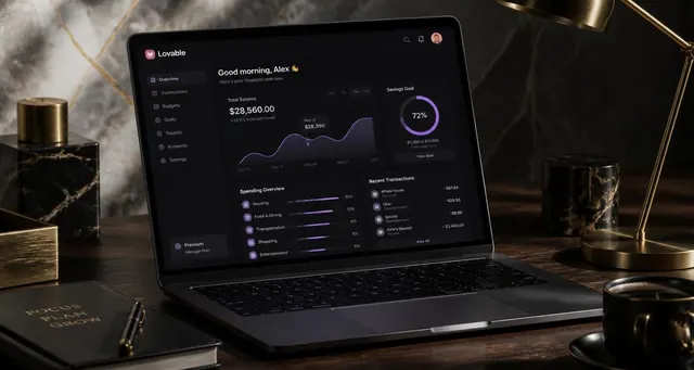 Playbook cover: Create AI-powered personal finance apps for budgeting, saving, investing — example app interface built with Lovable, Finance and Investing category