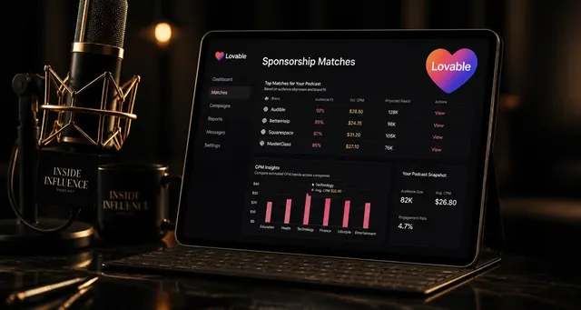 Playbook cover: Create AI-enhanced podcast advertising and sponsorship matching platforms — example app interface built with Lovable, Marketing and Advertising category