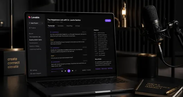 Playbook cover: Develop AI-enhanced podcast transcription and summary generation — example app interface built with Lovable, Content Creation and Editing category