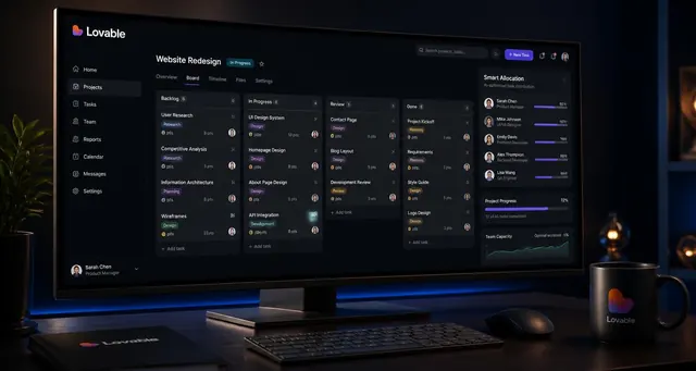 Playbook cover: Build AI-enhanced project management platforms with smart task allocation and scheduling — example app interface built with Lovable, Productivity and Project Management category