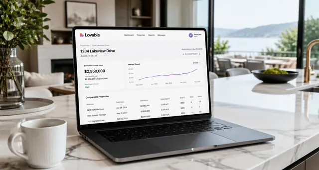 Playbook cover: Build AI-powered real estate investing tools for property valuation, market analysis — example app interface built with Lovable, Data and Analytics Services category