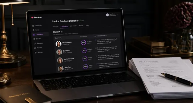 Playbook cover: Develop AI-driven recruiting and talent matching platforms — example app interface built with Lovable, Education and Training category
