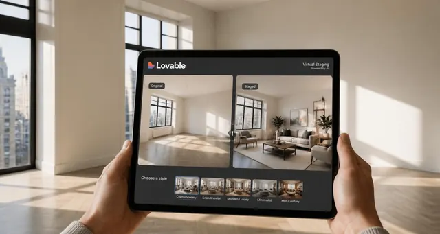Playbook cover: Build AI-powered virtual real estate staging and visualization tools — example app interface built with Lovable, Customer Service and Virtual Assistance category