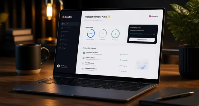 Playbook cover: Create AI-enhanced employee training and onboarding platforms — example app interface built with Lovable, Education and Training category