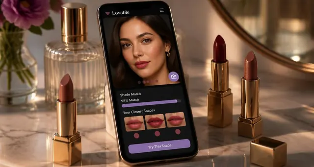 Playbook cover: Build AI-powered virtual try-on solutions for makeup and cosmetics brands — example app interface built with Lovable, Customer Service and Virtual Assistance category