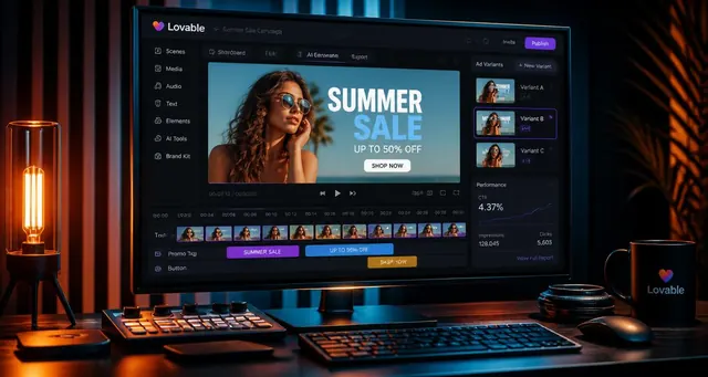 Playbook cover: Create AI-driven video ad creation and optimization platforms — example app interface built with Lovable, Content Creation and Editing category